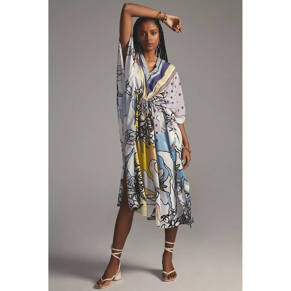 BL^NK LONDON Vibrant Floral V-Neck Kaftan, O/S Drawstring Waist Resort Boho Chic